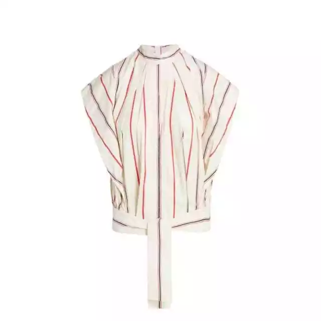 3.1 PHILLIP LIM XS Ivory & Red Striped Stand Collar Cap Sleeve Tie Hem Top