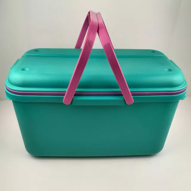 Bolso Organizador de Almacenamiento de Costura Artesanal de Plástico Azulado Vintage con Bandeja