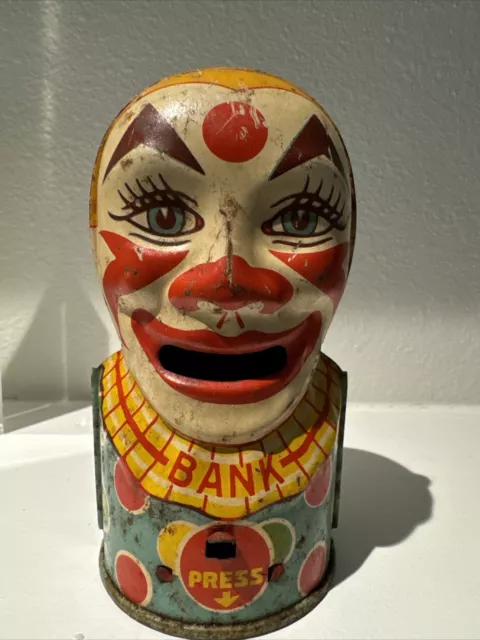 Vintage 1930s J.Chein Circus Clown Tin Litho Toy Bank USA - Complete!