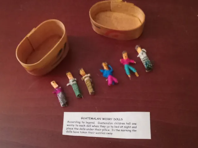 Guatemalan Worry Dolls - 6 Dolls with Wood Case