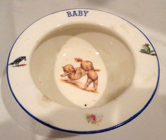 VINTAGE 1950's GLAZED CERAMIC PLAYFUL KEWPIES "BABY" BOWL MADE in CZECHOSLOVAKIA