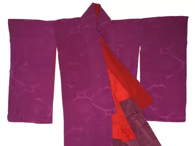 Vintage Lovely Purple Silk Hanaogi Flowers & Dance Fans Design Kimono Dec17-B 3