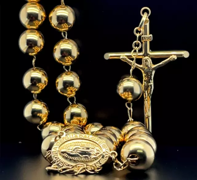 14K Yellow Gold Rosary Beads Y Necklace with Christian Virgin Mary Locket Cross
