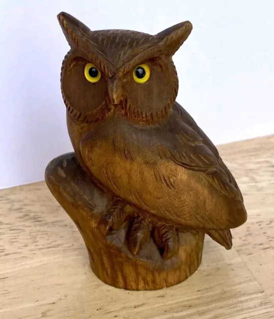 VINTAGE HAND CARVED OWL Black Forest German signed Glass Eyes