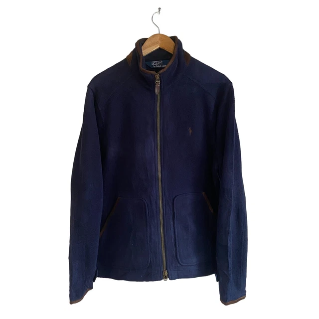 Polo Ralph Lauren uomo pile blu cerniera intera pelle finiture taglia M