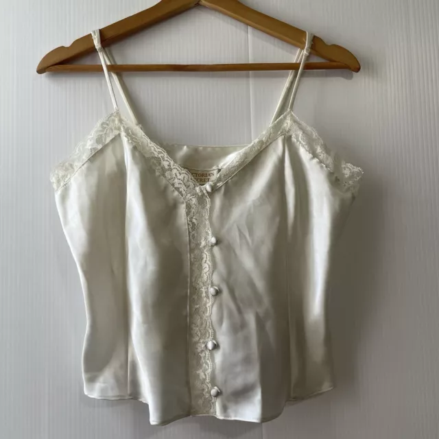 Vintage Victorias Secret Gold Label Camisole Top Ivory Satin Lace Buttons Sz M