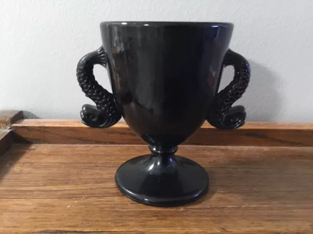Vintage black amethyst  glass chalice with dolphin/serpent handles