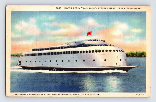 Postcard Washington Puget Sound WA Kalakala Ferry Seattle Bremerton 1940s Linen