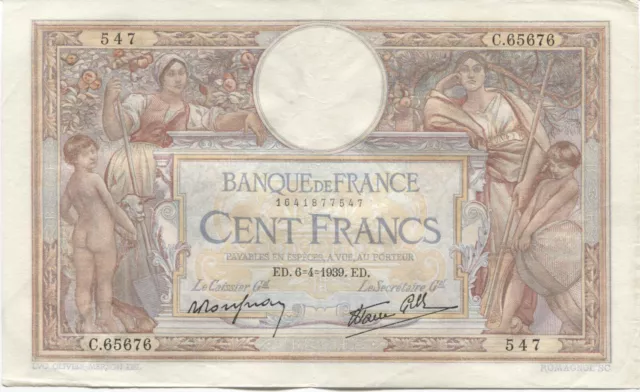 Frankreich 1939 - 100 Francs - Luc Olivier Merson - BANQUE DE FRANCE -Vorzüglich