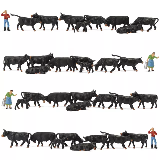 36pcs Model Trains HO Scale 1:87 Painted Black Cows Cattle Shepherd Farm Animals