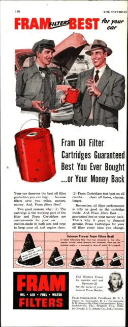 Vintage 1952 Fram Oil Filters Cartridges Full Page Original Color Ad  e3