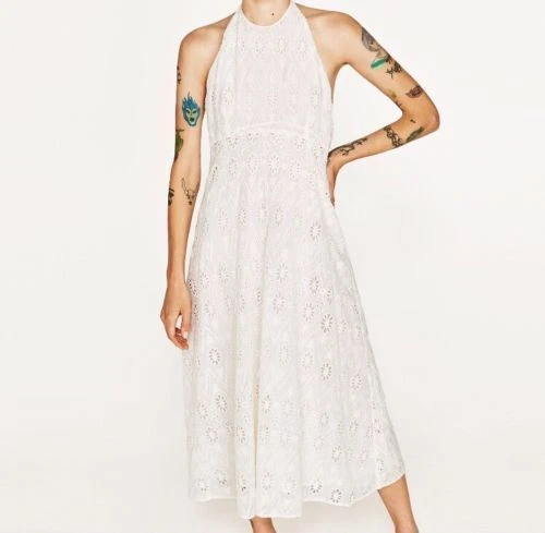 ZARA WHITE EMBROIDERED Broderie Anglaise Halter Neck Lace up Midi MAxi Dress  L 12.99 - PicClick UK