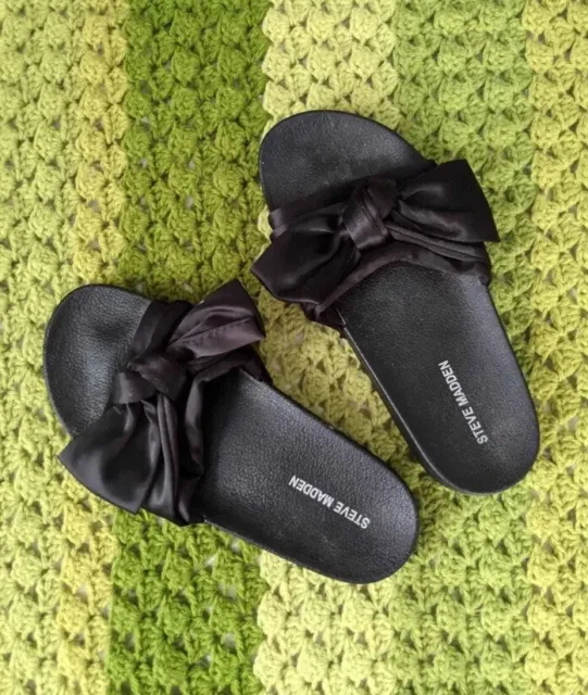 Steve Madden Women Sandals Slip On Slides Satin Knotted Bow Tie Black Size 8