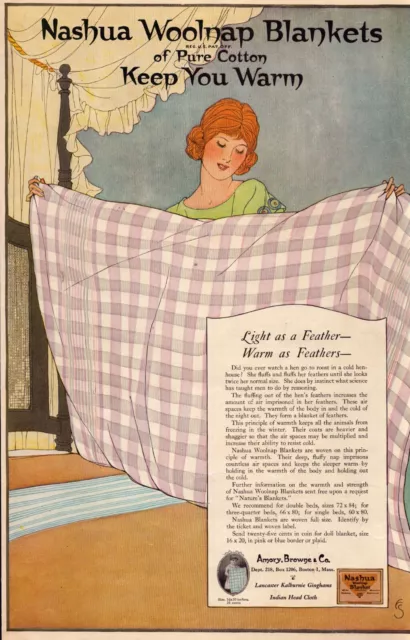 1920 Nashua Woolnap Blankets  Print Ad Gingham Bedroom Housewife Bedpost