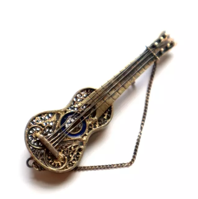 Vintage 3D Art Deco Sterling Guitar Brooch Filigree Blue Enamel Gift Musician