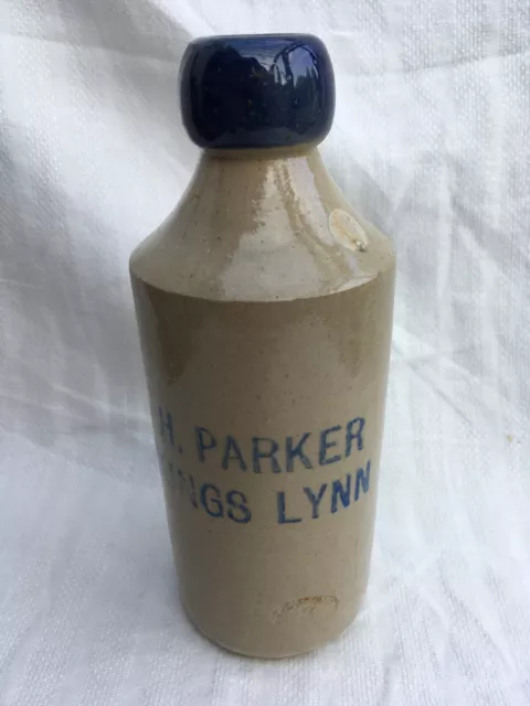 H. Parker Kings Lynn Norfolk blue lip ginger beer stoneware bottle c1890-1920