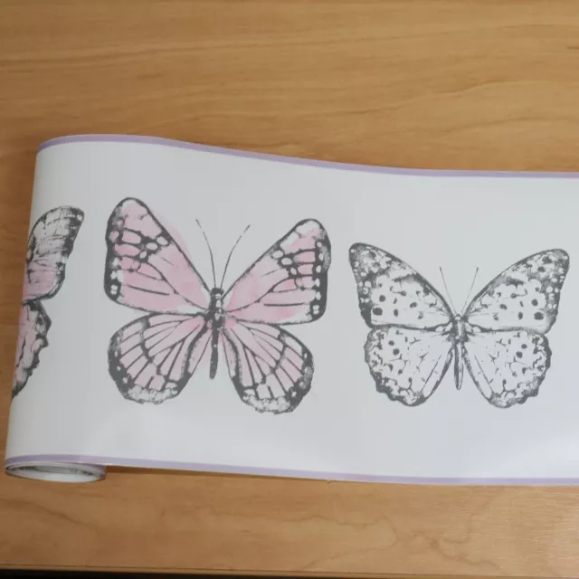 Butterflies Wallpaper Border Self Adhesive 5M Pink Purple White (15.6cm X 5M)