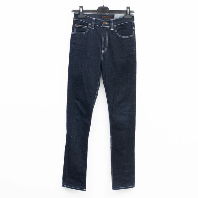 Nudie Jeans Donna High Kai Navy W25 L32 Skinny Rise Pantaloni Slim Elasticizzato