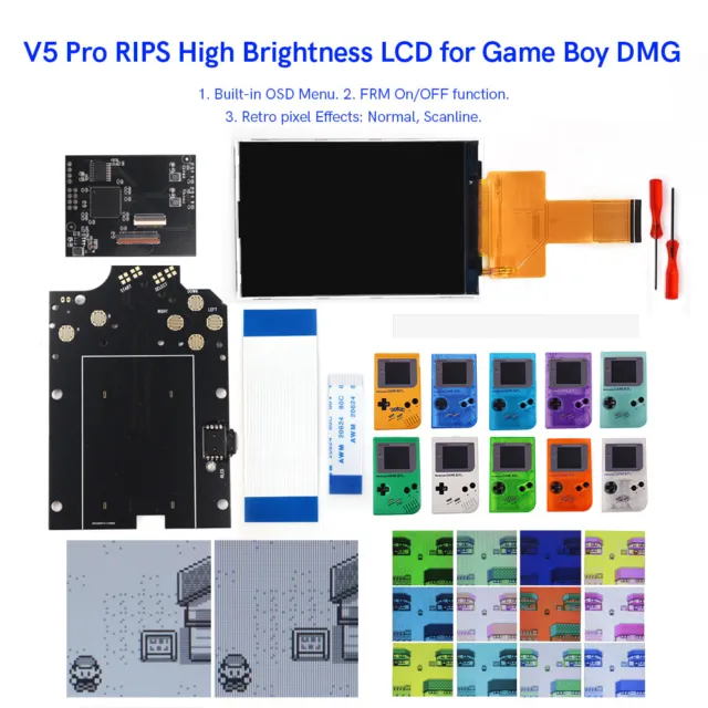 V5 Pro OSD Menu Full Size RIPS Backlight LCD+Pre-cut Shell Cases For GameBoy DMG