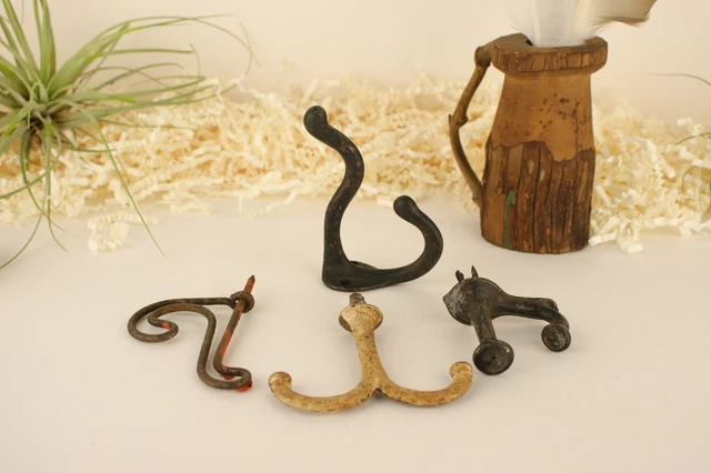 Antique Hooks, 4 Vintage hooks, Vintage Hardware, Iron Hooks, Farmhouse hooks