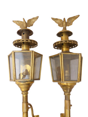 Gorgeous PAIR Vintage French Wall Light Lantern Sconce Gilt Bronze Eagle Empire