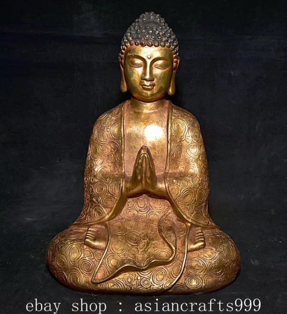 13.6" Alte China Yongle markierte Bronze Gilt Sakyamuni Tathagata Buddha Statue