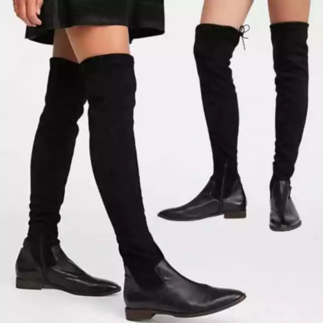 FREE PEOPLE Bicoastal Leather Over the Knee Boots Black Suede Size EU 37 /US 6.5