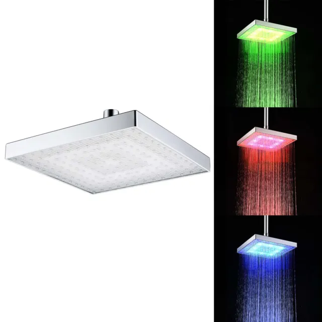 LED Shower Head Temperature 3 Color Changing 8 Inch Square ABS Finish 12 Leds