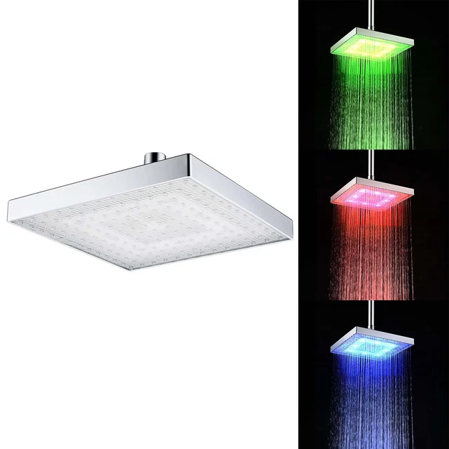 LED Shower Head Temperature 3 Color Changing 8 Inch Square ABS Finish 12 Leds
