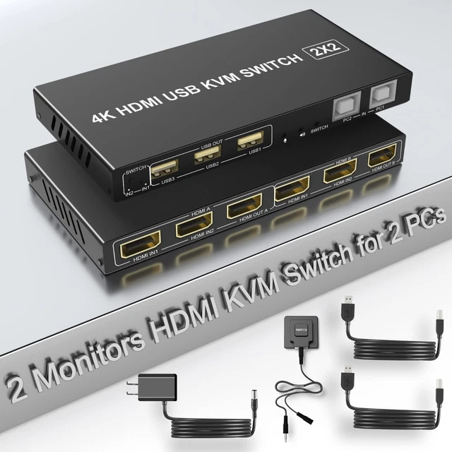 DUAL MONITOR HDMI KVM Switch 2 Computers 4K@60Hz, Extended Display KVM ...