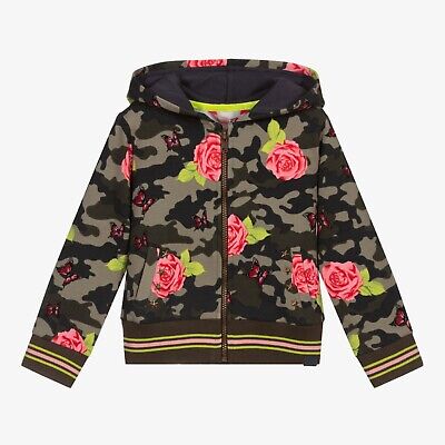Boboli Girls Green Camo Floral Cotton Fleece Jumper Hoodie Full Zip Jacket 2-16