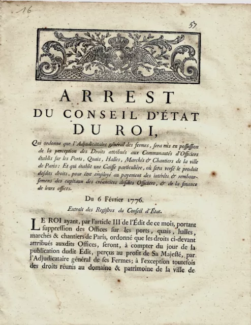 1776 Arrêt du Conseil d'Etat Louis XVI supression d'Offices ROUILLÉ De L'ETANG