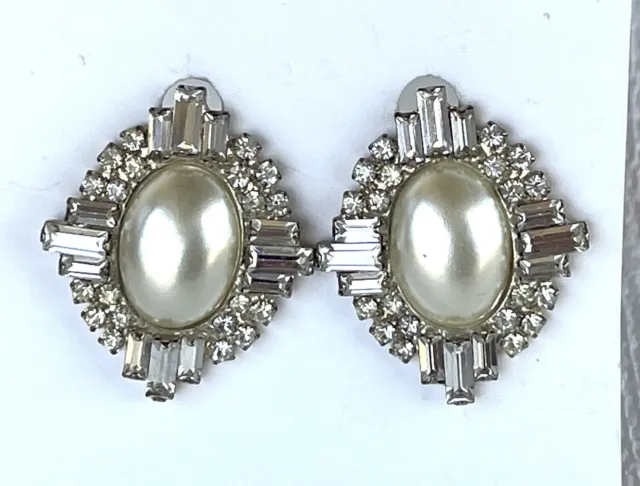 Vintage Faux Pearl & Rhinestone Pierced Earrings Silver-toned Back/trim