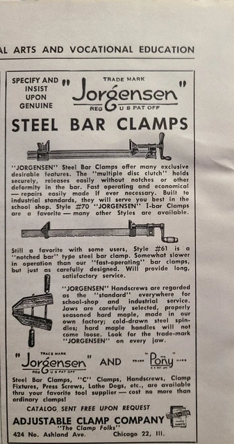 Vintage Print Ad 1952 Jorgensen Steel Bar Clamps Pony C Press Screws Adjustable