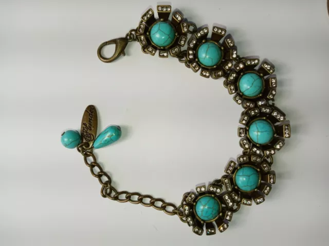 Plunder Antiqued Brass Faux Turquoise Rhinestone Bracelet 7" to 9"