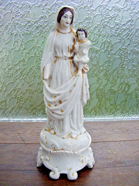Grande statue sainte de Joseph et Marie avec l'Enfant Jésus - grande statue sainte en porcelaine biscuit antique - France