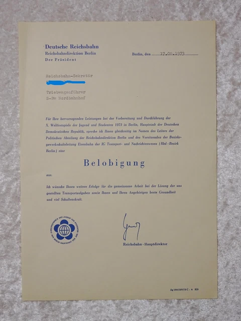 DDR Onorificenza Belobigung Reichsbahn Weltfestspiele Il Jugend Berlino 1973