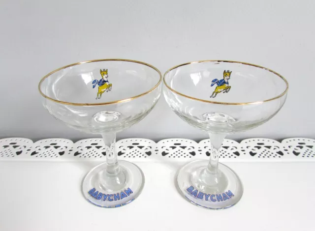 Pair 2 Vintage 1970’s Babycham Glasses Prancing Deer Smooth Stem Gold Rim