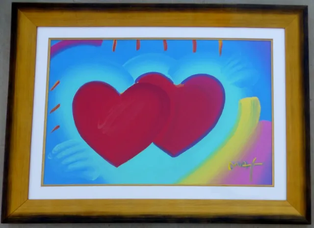 Peter Max Zwei Herzen Als Eine Unikat Acryl Mischtechnik Signiert Gerahmt COA