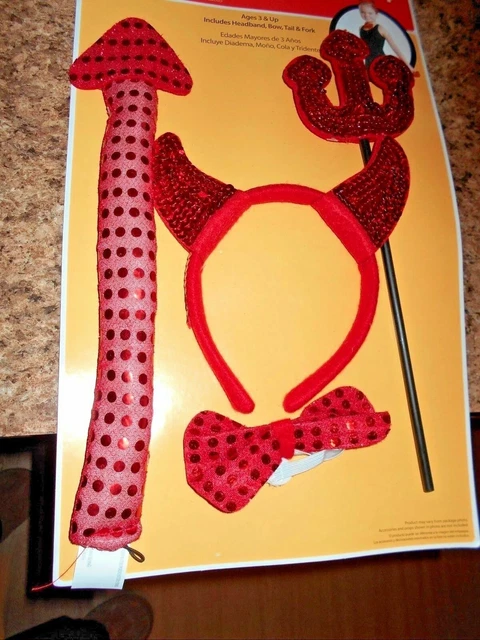 New Devil Costume Kit 4 Pc Headband Bow Tail & Pitch Fork Halloween Dress Up