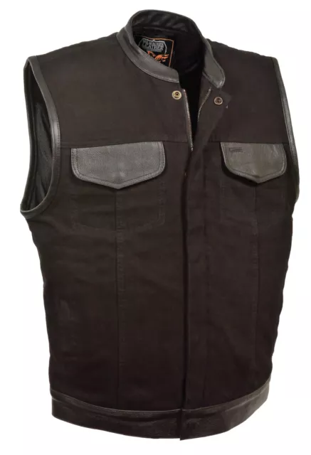 Mens SOA Biker Vest Leather Trimmed Black Denim w/ Gun Pockets Snap/Zipper Front