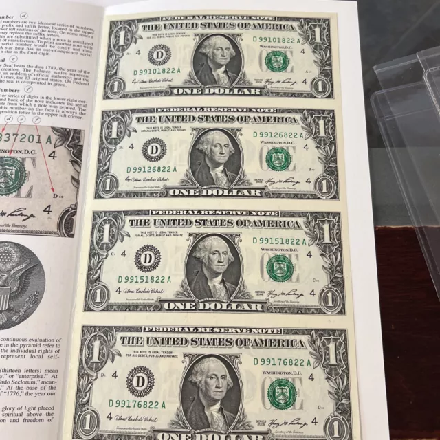 2006 $1 Federal Reserve Notes Uncut Sheet Of 4 Gem Uncirculated