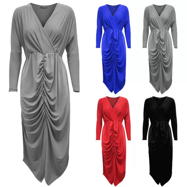 Womens Ladies Twisted Wrap Cross Over V Neck Front Ruched Bodycon Fit Midi Dress