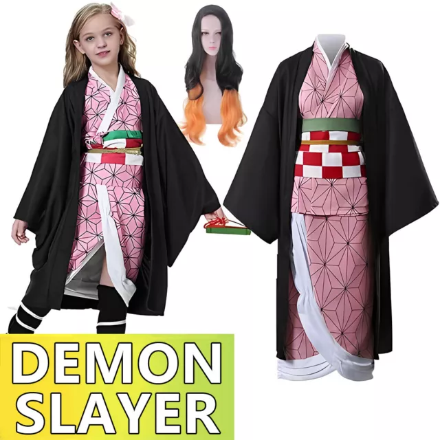 Kids Demon Slayer Kamado Nezuko Cosplay Costume Christmas Dress Wig Kimono Party