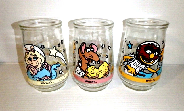 3 Vtg WELCH'S Jelly Jar Glasses MUPPETS IN SPACE Miss Piggy - Rizzo - Animal '94