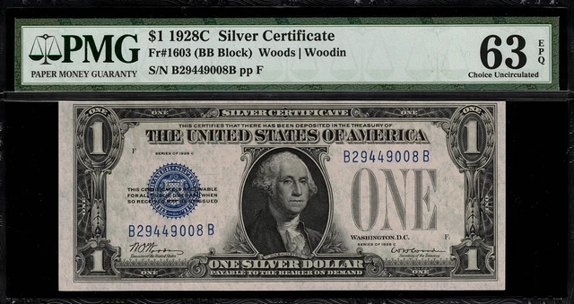 1928C $1 Silver Certificate FR-1603 B-B Block - Graded PMG 63 EPQ Uncirculated