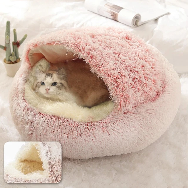Cat Bed Cave Round Plush Fluffy Hooded Cat Soft Donut Self Warming Pet Dog Bed