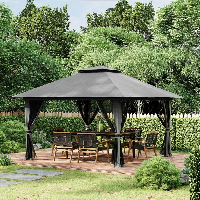 Outsunny Faltpavillon 4 x 4 m, Gartenpavillon mit 4 Netzwänden, UV-Schutz Grau 2