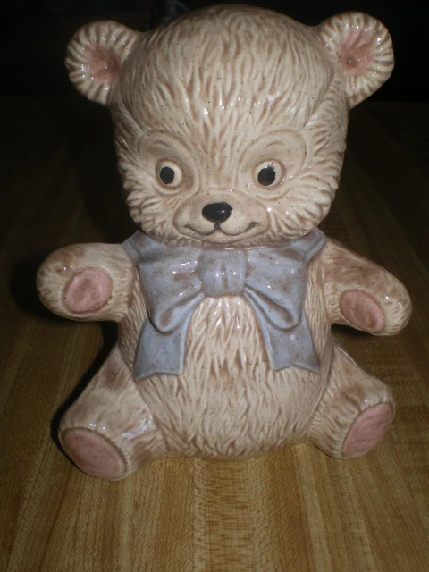 Vintage Teddy Bear Bank w Blue Bow EUC Coins, Ceramic, 6" x 4", w Stopper