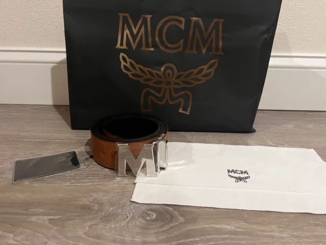 100% Authentic New Men Mcm Cognac Logo Embossed Accent Mcm Belt One Size Silver